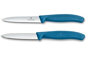 Victorinox Swiss Classic, Set de couteaux à tomates et à légumes, 2 pièces, Lame extra tranchante, Manche plastique, Acier inoxydable, Swiss Made, Bleu