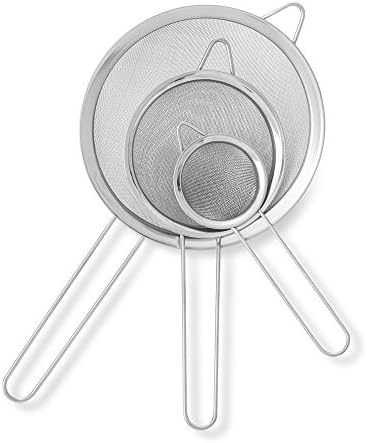 Fine Mesh Stainless Steel Strainer Set of 3 - Large, Medium & Small Size - Ideal to Strain Pasta Noodles, Quinoa, Cocktails, Tea, Sift & Sieve Flour & Powdered Sugar