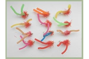 TROUTFLIESUK Worm Fishing Fly, 12 Goldhead Squirmy Worms, Mixed Colours Size 10 For fly Fishing