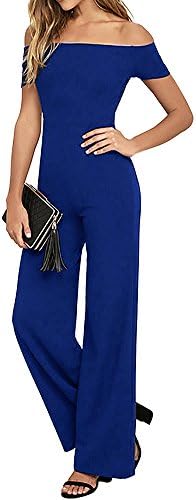 SUNNOW Fashion Women Solid Color Off Shoulder Club Cocktail Jumpsuit (XL, Blue)