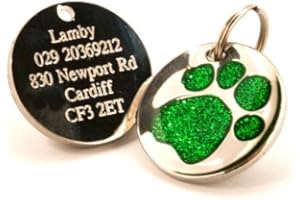 COUNTY ENGRAVING Personalised Engraved 25mm Green Glitter Paw Print Dog Pet ID Tag Disc TO LEAVE ENGRAVING DETAILS PLEASE READ PRODUCT DESCRIPTION LOWER DOWN THIS PAGE.