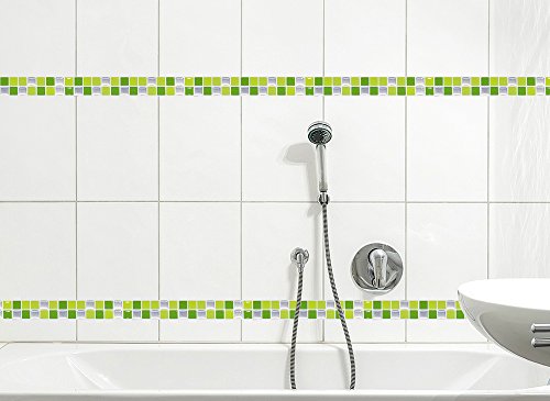 7er Pack 25,3 x 3,7 cm Wandaro 3D Mosaik Fliesenaufkleber W3366 große Auswahl für Küche Bad Fliesendekor selbstklebend Folie hellgrün grün silber Design 9 - 6
