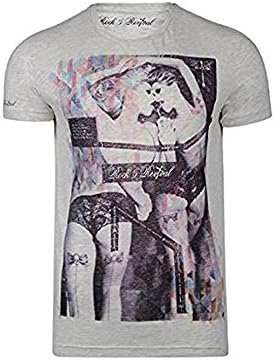 Mens Rock &amp; Revival Short Sleeve Crew Neck T-Shirt With Naked Girls, Photo Style Print To Front Body. Style - Kuckoo (R707158C) - Cream Marl. Size - Small
