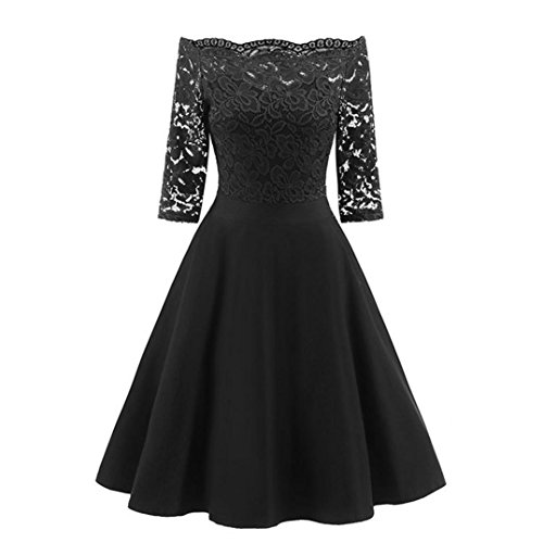 OHQ Robe en Dentelle pour Une Dame Noir Rouge Marine Femmes New Vintage Femme Chic Soiree Longue Grande Taille Courte Patchwork Off éPaule Cocktail Party Retro Swing Dress Jupes Mi Sol (Noir, L)