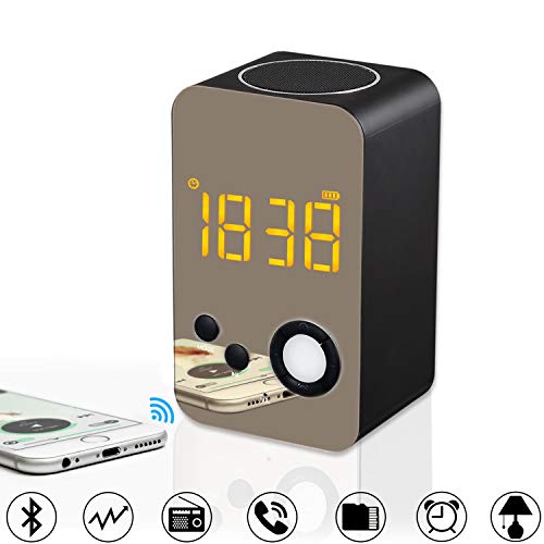 Alarm Clock Digital Clock Bluetooth Speaker with LED Night Light Makeup Mirror, FM Radio, Portable Wireless Bluetooth Speaker Stereo Sound with LCD Screen HD Enhanced Bass Built-in Mic Support AUX TF