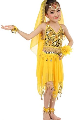 Girls Belly Dance Costume Dress Indian Dance Performance Suit Dancing Clothing Set One Size (yellow)