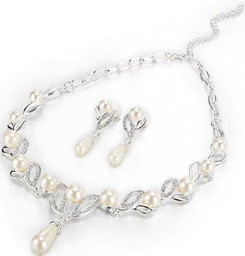 Gleaming Silver Leaf and Pearl Rhinestone Necklace and Earring Set Costume Fashion Jewellery