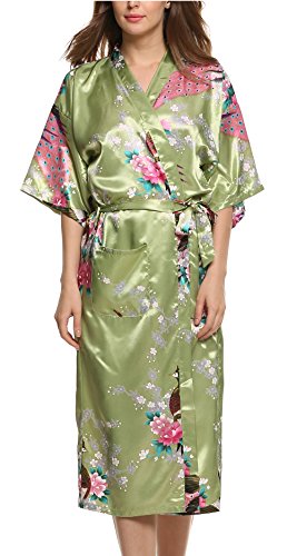 Avidlove Damen Morgenmantel Kimono Robe Bademantel Nachtwäsche aus Satin mit Peacock und Blüten entwerfen Robe Lange Stil
