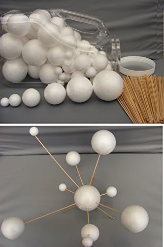 Mega Jar Classpack of 70 Mixed Sized Polystyrene Spheres / Balls 2cm to 7cm Diameter &amp; 20cm long Wooden Rods
