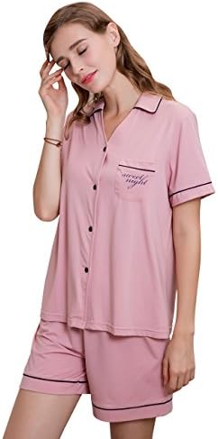 QianXiu Summer New Women Lapel Pajamas Set Bamboo Fiber V Neck Pyjamas Short Sleeved Shorts Comfy Sleepwear Home Clothing Set