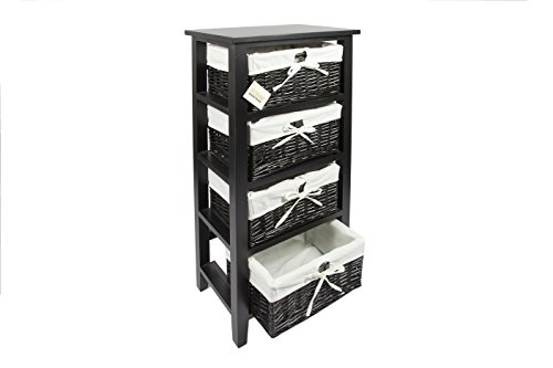 WoodLuv 4 Drawer Wooden Storage Cabinet with Wicker Drawers/ Baskets-Bedroom/ Bathroom, Black