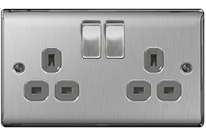 BRITISH GENERAL BG Nexus Metal 2 Gang 13A Switched Socket Brushed Steel (Grey Inserts)