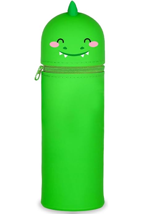 Trousse Scolaire 2-en-1 Silicone Dinosaure Vert - Porte-stylo Extensible - Kawaii - Fermeture éclair