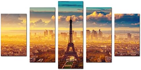 Amosi Art Modern Canvas Painting Eiffel Tower Picture Paris City Painting Nightfall Background Landscape Painting Wall Art For Home Decor Ready to Hang With Framed (Large 5 Panels)