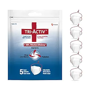 Tri-Activ 5 Layer Protective Face Masks/Tested as per N95 standard, 99% Bacterial and Filtration Efficiency, Pack of 5 white mask with adjustable Head Loop