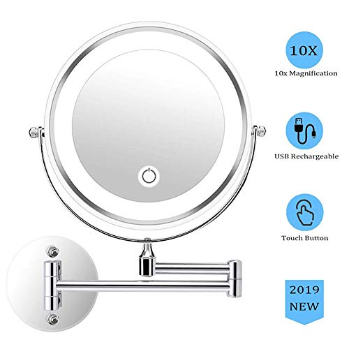 Miroir Grossissant Lumineux Mural x10, Miroirs de Maquillage Mural Chargement USB, Bouton Tactile Miroir Salle De Bain, Double Face Miroir Murale, 360 ° Pivotant