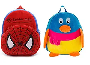 Blue Tree Kids School Bag Soft Plush Backpack Cartoon Bags Combo Mini Travel Bag for for Girls Boys Toddler Baby (Spiderman & Multi Penguin)