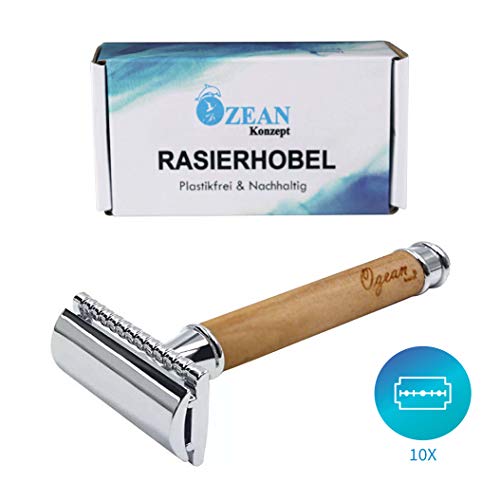Hochwertiger Olivenholz Rasierhobel inkl. 10 Rasierklingen, Plastikfreier Nassrasierer, Umweltfreundlicher Sicherheitsrasierer für Damen und Herren, Damenrasierer inkl. E-Book