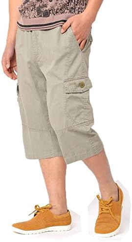 Men's Plus Size Casual Cropped Pants Shorts Beach Cotton Fat Man Loose Trousers Khaki XL
