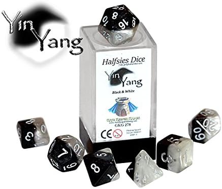 "Yin Yang" Halfsies Dice Set - 7 die polyhedral rpg gaming dice - Black & White