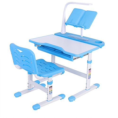 GOTOTOP Set Bureau et Chaise Enfant Hauteur Réglable Design Ergonomique avec Lampe de Protection Oculaire et Pupitre de Lecture Meuble Chambre Apprentissage Créativité (Bleu)