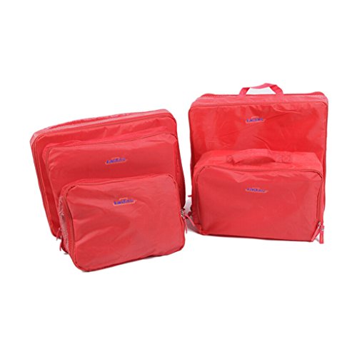 FakeFace 5er-Set Nylon Reisegepäck Robuste Aufbewahrungstasche Gepäcktaschen Set Wäsche Organizer Tasche für Koffer Kleidertasche Schminktasche Packing Cubes Beautycase Koffertaschen für Angenehme Reise (Rot) - 3
