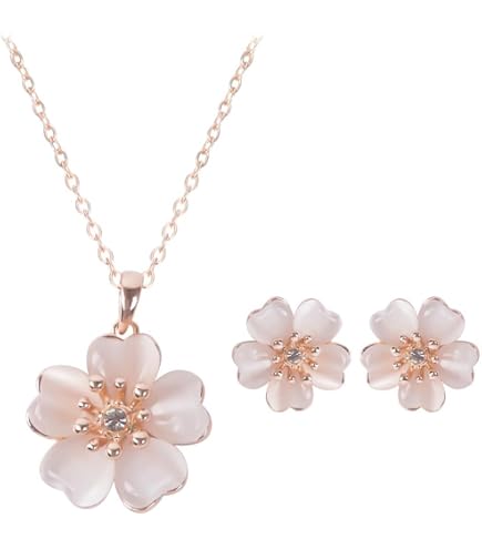 HCMA Ensemble Bijoux Argent 925 Fleurs De Cerisier - Collier, Boucles, Bague Et Bracelet