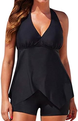 Women's Black Sporty Halter Tankini Set With Boy Short Plus Size Swimwear (Black, XL)