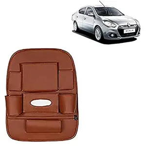 RD Universal PU Leather Car Auto Seat Back Organizer Multi Pocket Travel Storage Bag with Hangers, Tissue Paper and Bottle Holder-Tan Colour Compatible for Renault Scala