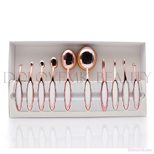 Dolovemk Set of 10, PRO Beauty Kits Toothbrush Oval Shaped Foundation Power Makeup Oval Cream Brushes Set, Pinkgold with white, Brand Boxed. (Pinkgold + White)