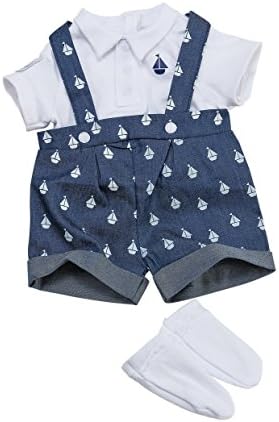 chad valley tiny treasures boy special outfit.Make sure your Tiny Treasures are ready for a special occasion with this beautiful, nautical-themed outfit. The dungarees are designed with printed boat detail and underneath there is a white jersey polo T-Shirt with embroidered detail and jersey socks. (Doll Not Included)