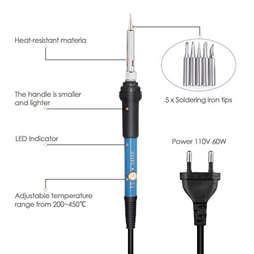 INTEY 9 PCS Lötkolben Set 60 W 220V Einstellbare Temperatur von 200–450° C Ideal für Lötarbeiten & Reparaturen, Perfekt für Hobby, Schule & Haushalt Soldering Iron mit Lötkolben, 5 Unterschiedlichen Lötspitzen, Löten-Ständer mit Saugschwamm, Lötzinn, Entlötpumpe und Koffer - 2