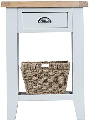 Stratford White Painted Telephone Table / Contemporary Hallway Table with Chunky Oak Top / 1 Wicker Basket Drawer