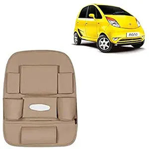 RD Universal PU Leather Car Auto Seat Back Organizer Multi Pocket Travel Storage Bag with Hangers, Tissue Paper and Bottle Holder-Beige Colour Compatible for Tata Nano