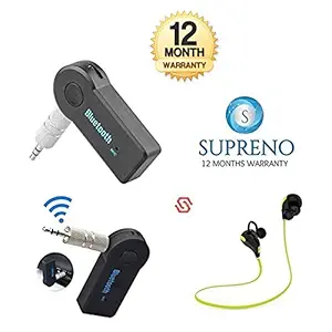 supreno™ Wireless Bluetooth Receiver Adapter 3.5MM AUX Audio Stereo Music Home Handsfree Car Kit Bluetooth Stereo Adapter Compatible With All Android And IOS Devices with Wireless Bluetooth Headphones Noise Cancelling Headphones w/ Microphone (12 Months Warranty)