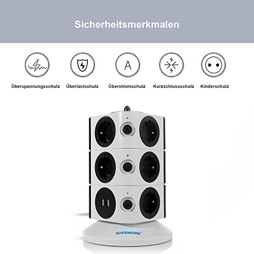 SAFEMORE Schaltbare 11 Fach Steckdosenleiste Mehrfachsteckdosen Steckdosenturm mit 2 USB Anschlüsse 2500W/10A Schwarz - 4