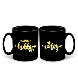 DecorVecor | Hubby Wifey| Anniversary | Birthday | Couple | Premium Black Patch Mug Set of 2 Coffee Mug- Gift for Husband, Gift for Wife, Best Gift, Lover Gifts, Unique Gifts (Design 2)