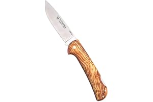 DON FILO Navaja Cudeman Pandora 388-L con hoja de acero böhler N690Co de 9,5 cm y empuñadura de olivo con separador rojo de 12 cm + portabotellas de regalo (Olivo + Funda)