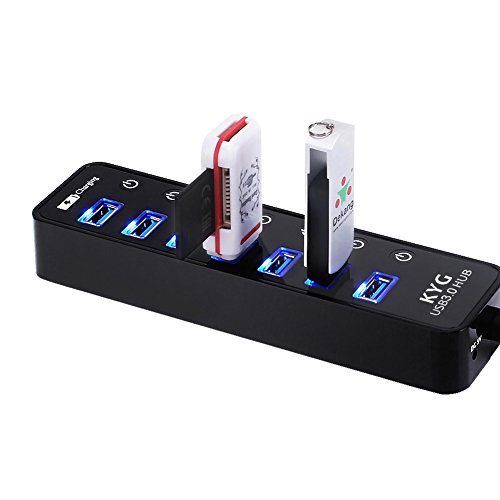KYG USB 3.0 Hub 7 Ports mit Ladport(Max. 2,4A) mit 60cm USB 3.0 Kabel, Highspeed Datenports mit 7 LED Ein Aus Schalter(Schwarz) - 3