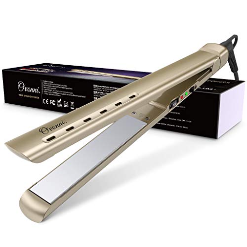 Planchas del Pelo Profesional Ovonni Plancha Pelo Titanio, Placa Flotante de 2,5 cm, Calentador MCH Rápido 18s, Temperatura Ajustable 150°C-230°C, para Alisar, Crear Ondas o Rizos, Doble Voltaje (Oro)