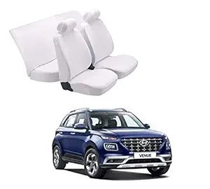autokaar Denim Fabric Car Seat Cover for Hyundai Venue (with No Armrest in Rear Seat, White)