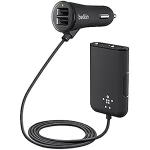 Belkin 7.2 Amp/36W 4 Port USB Car Charger IEC Chipset fro Smart Charging for Apple & Android Devices, 6 Feet (1.8 Meters) - Black