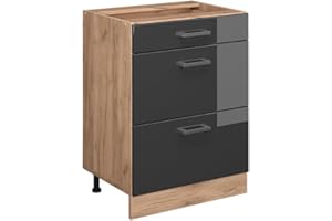 ‎VICCO Vicco Küchenunterschrank R-Line, Anthrazit Hochglanz/Goldkraft Eiche, 60 cm mit Schubladen, ohne Arbeitsplatte