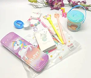 Tera13 unicorn pencil pouch pencil box stylish stationary glitter pen stylish unicorn pen kids girls school sharpener eraser diary for kids for girls with pen (pack of 10)