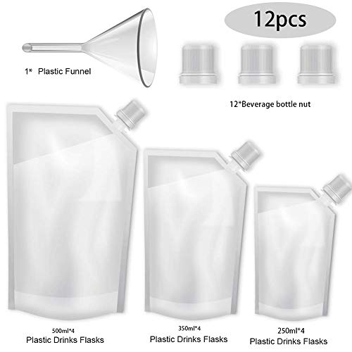 12 paquetes de bebidas frascos bolsa de licor frascos de plástico ocultables bolsas de bebida bolsa de bebida frascos de bebida reutilizables con pico y embudo de plástico,250 ml,350 ml,500 ml