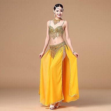 YYWUDAOQUN TT&amp;Dance Dresses Belly Dance Outfits Women's Performance Cotton Polyester Chiffon Sequin Tassel Dropped Skirts Bra Belt Neckwear, l