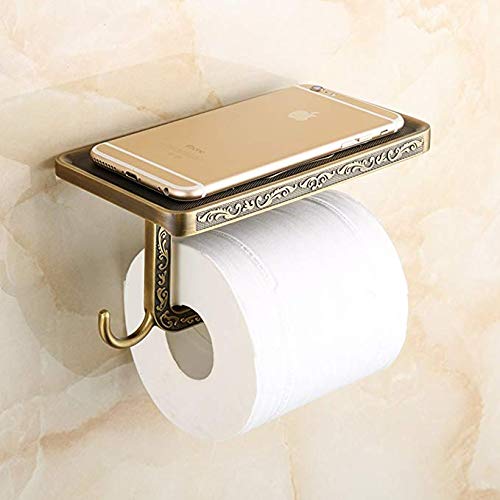 SHUNING Soporte de papel higiénico, soporte de rollo de papel higiénico montado en la pared retro con soporte para teléfono móvil Soporte para cocina y baño