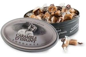 CARAMELS D'ISIGNY Caramels tendres et fondants aux 3 parfums : beurre salé, vanille, vanille marbré chocolat - Sélection "Souvenir d'enfance" - Boite en fer ovale relief avec photo sépia tendresse' 250g