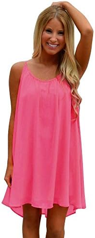 Sunday Women Dress Spaghetti Strap Back Howllow Out Summer Chiffon Beach Short Dress Women's Print V Neck Strappy Sleeveless Loose Beach Sundress Swing Short Mini Dress Long Vest Tops (XL, Hot Pink)