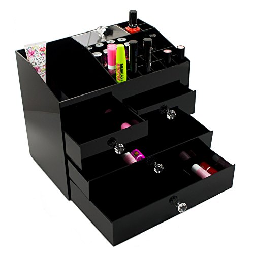 Skaize & Make-up - Organizador de maquillaje en negro acrílico cristal (cajones con asas de cristal, 20 Pincel/Lip Gloss/esmalte de uñas plana)